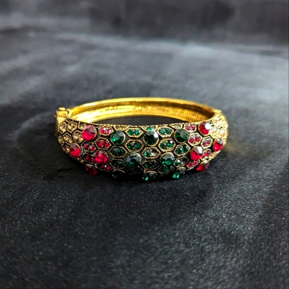 Gemstone Bangle Bracelet Hinge Gold Color Teal Red Ethnic Vintage Y2K 90s - Picture 2 of 7